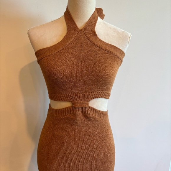 Mable Brown Cutout Bodycon Halter Top Knit Midi Dress Small Cocktail Evening - Picture 4 of 9